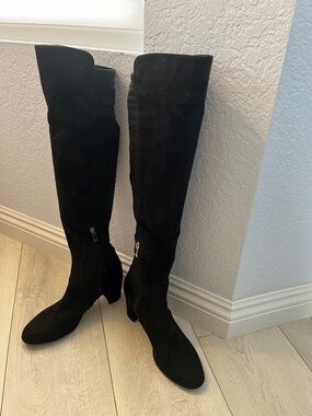 Liz Claiborne Black Suede OTK Over The Knee Tall Block Heel Boots Sz 7.5